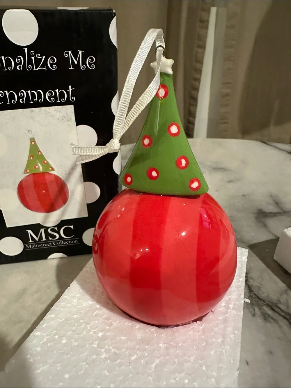 MSC Red Ceramic Holiday Ornament with Green Tree Top